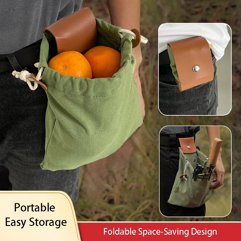 Gardening Tools Organiser - キャンバス製採集バッグ アウトドアピッキングバッグ 折りたたみ式ポータブルウエストツールポーチ ドローストリング収納バッグ ハイキング、キャンプ、ガーデニング用