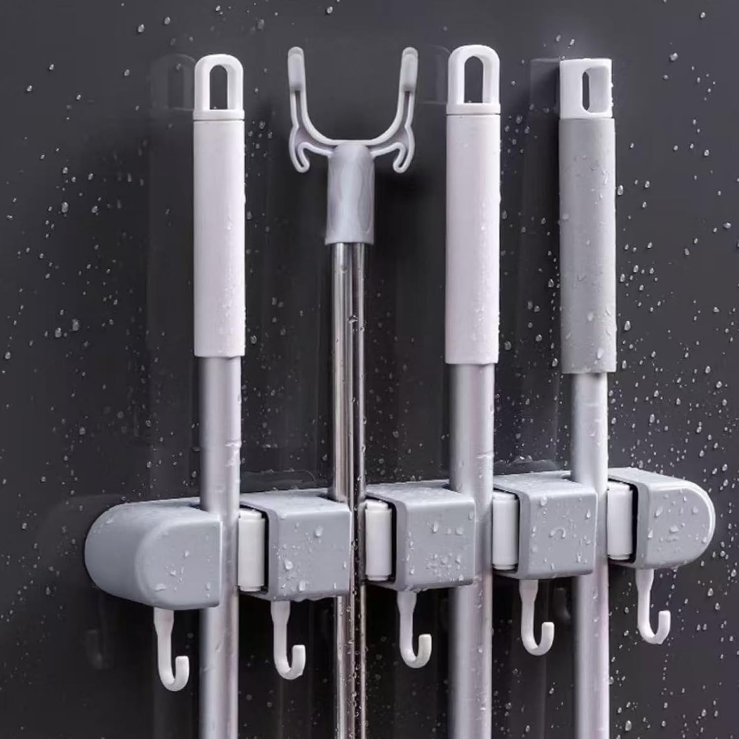 Gardening Tools Organiser - ほうき・モップホルダー壁掛け、フックとスロット付きハンガー収納オーガナイザー、家庭、キッチン、ガレージ、庭、ランドリールーム、バスルームの整理整頓と収納に（4ラック5フック）（グレー）
