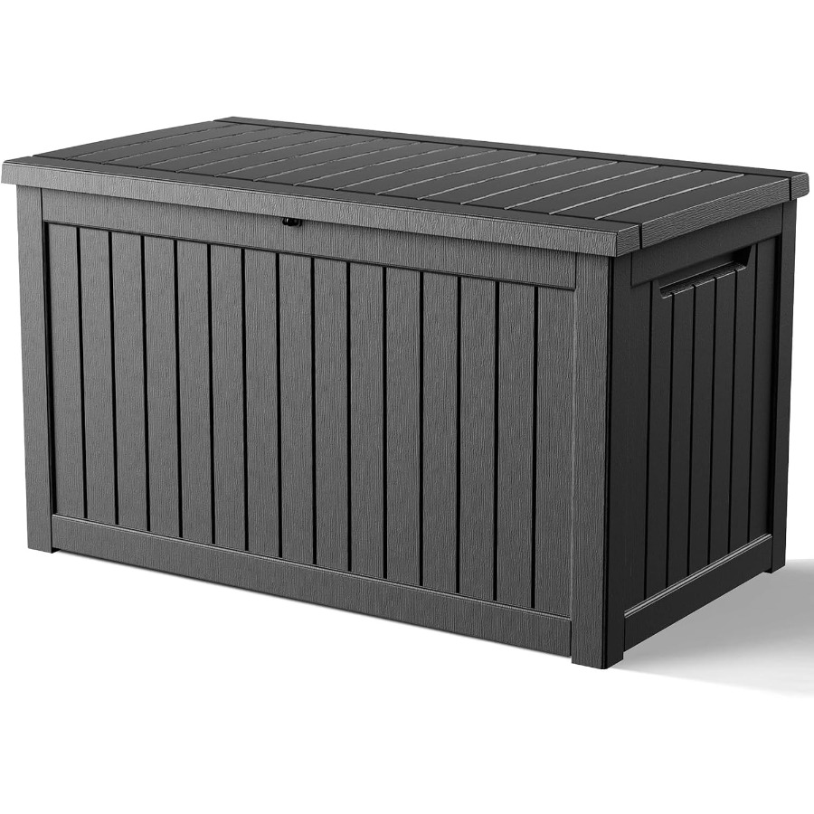 Gardening Tools Box - パティオ家具やガーデニング用品を収納できる屋外用収納ボックス：320ガロンの防水・紫外線防止加工を施した、グレーの樹脂製デッキボックス。