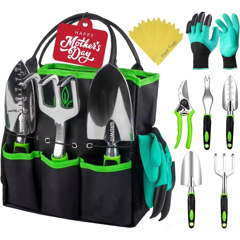 Gardening Hand Tools Yard - 9点入り人間工学に基づいたガーデンツールセット、剪定ばさみ、移植シャベル、熊手、収納バッグ付きの完全な園芸ハンドキット、庭植え用