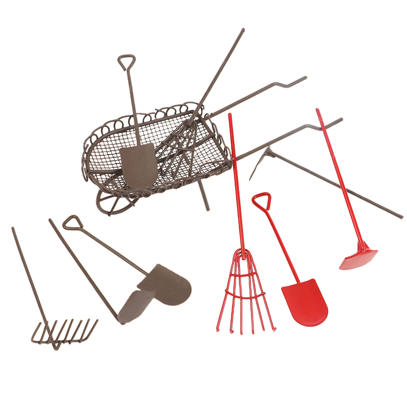 Gardening Tools Usa - ドールハウスシミュレーションガーデンツールキット、シャベル、熊手、鍬、カート、農具、装飾品、アクセサリー、1:12