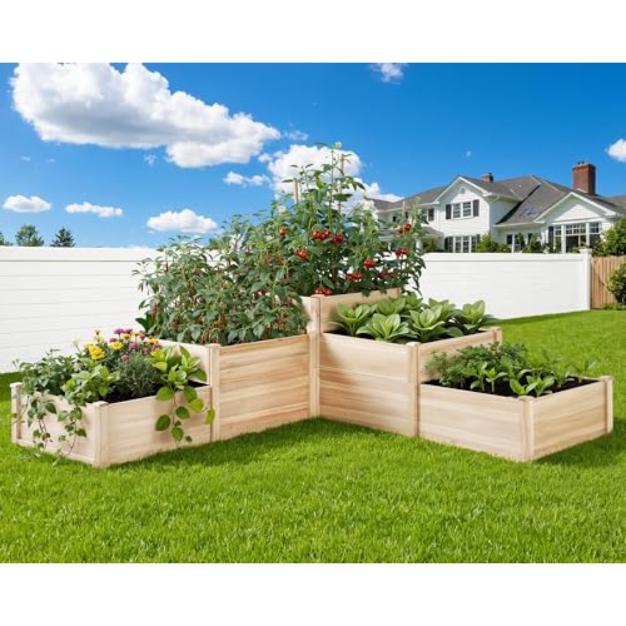 Gardening Tools Box - 3段式屋外プランターボックス、仕切り付きのモミ材製、形状調整可能、工具不要で組み立て可能、植物の栽培に最適