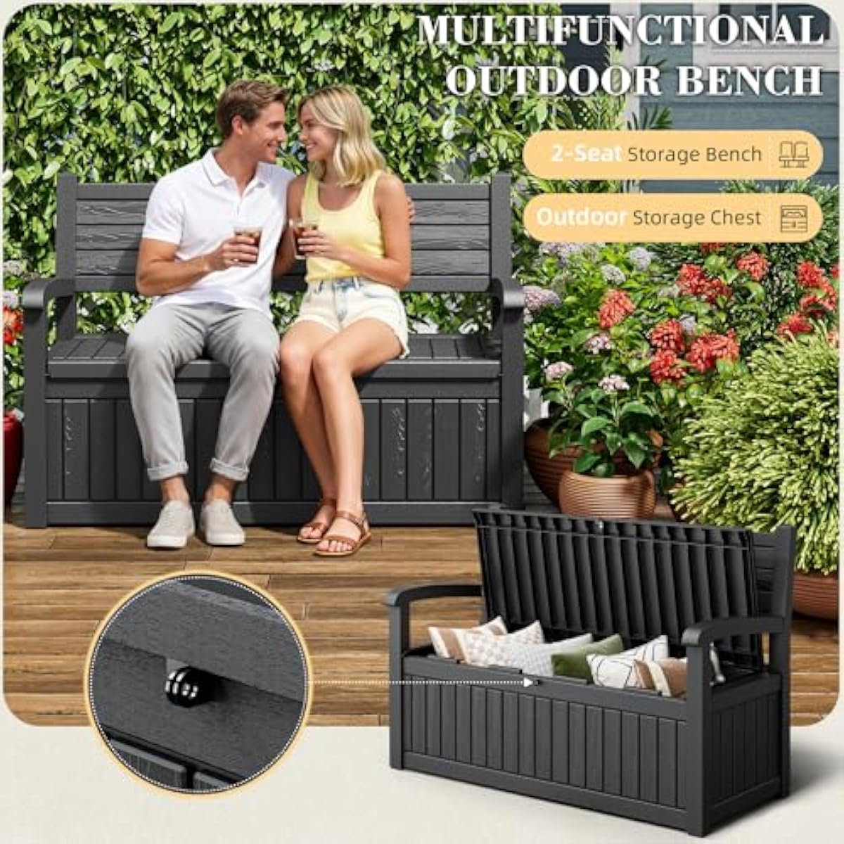 80ガロン容量の屋外収納ベンチ、防水加工の樹脂製、鍵付き、庭 - Gardening Tools Box のレビューと価格