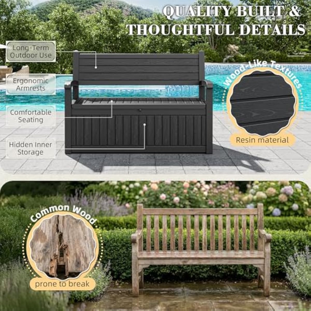80ガロン容量の屋外収納ベンチ、防水加工の樹脂製、鍵付き、庭 - Gardening Tools Box のレビューと価格