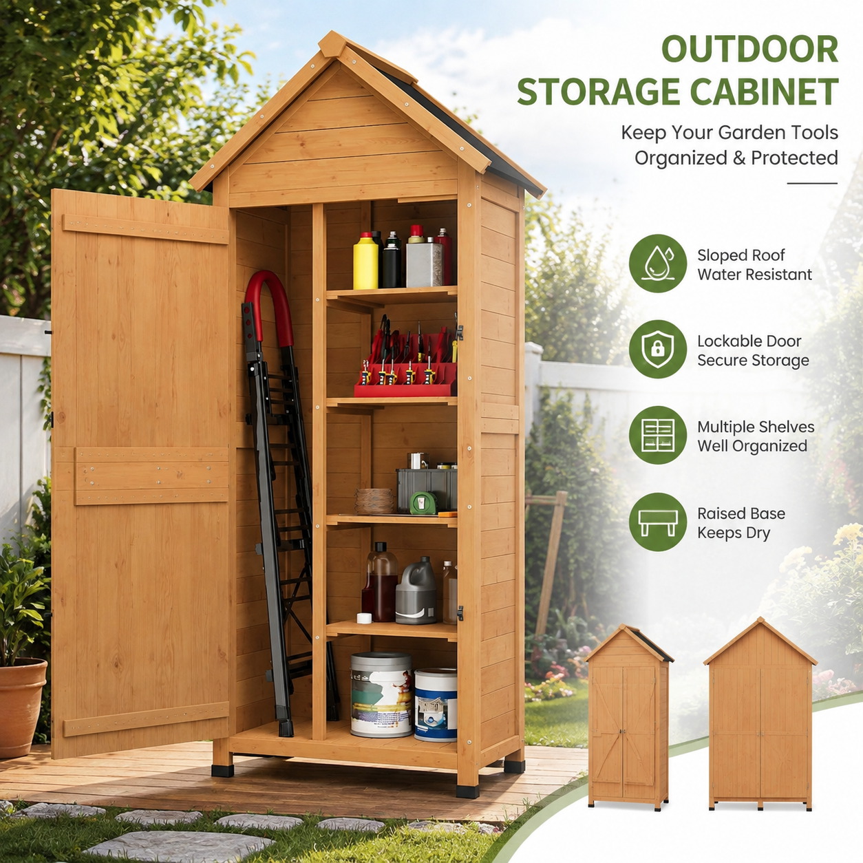 屋外用木製収納キャビネット、ガーデンツールシェッド、鍵付き扉 - Gardening Tools Organiser のレビューと価格