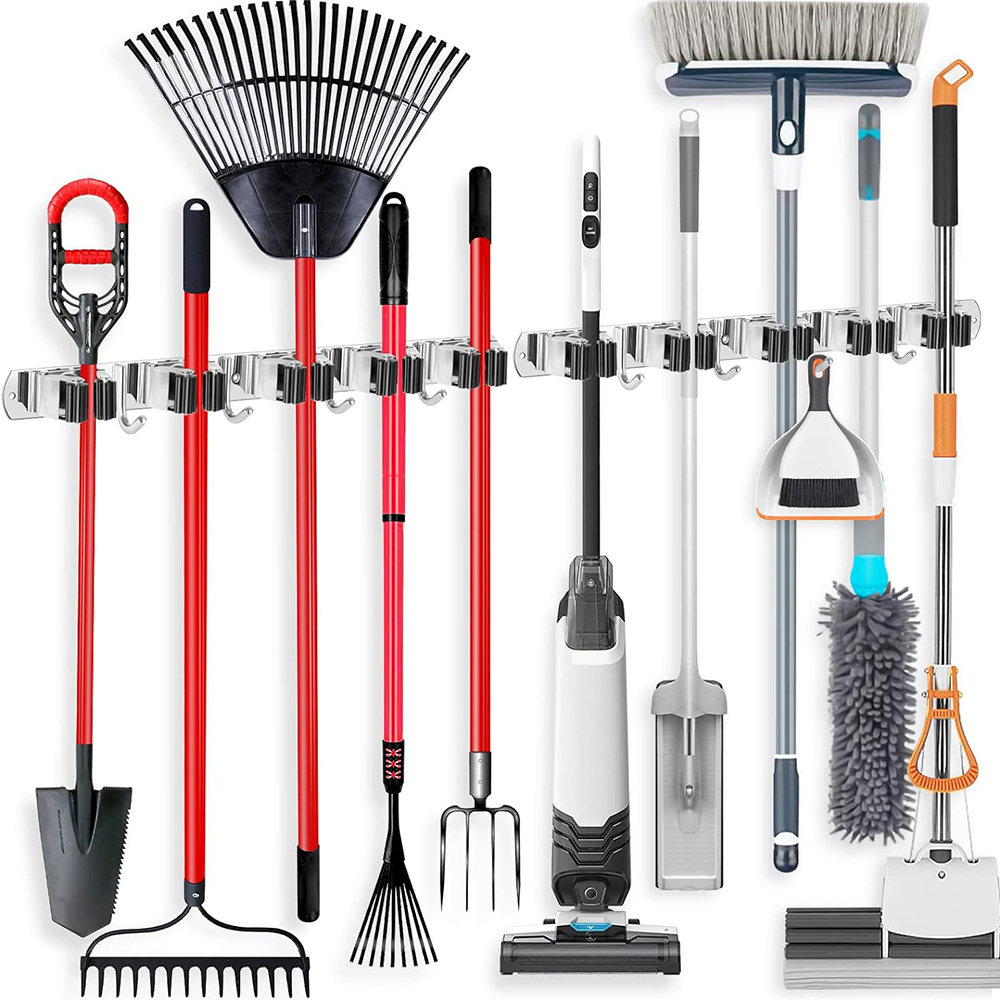 ステンレス製モップ＆ほうきホルダー壁掛け多機能収納ラック、浴 - Gardening Tools Organiser のレビューと価格